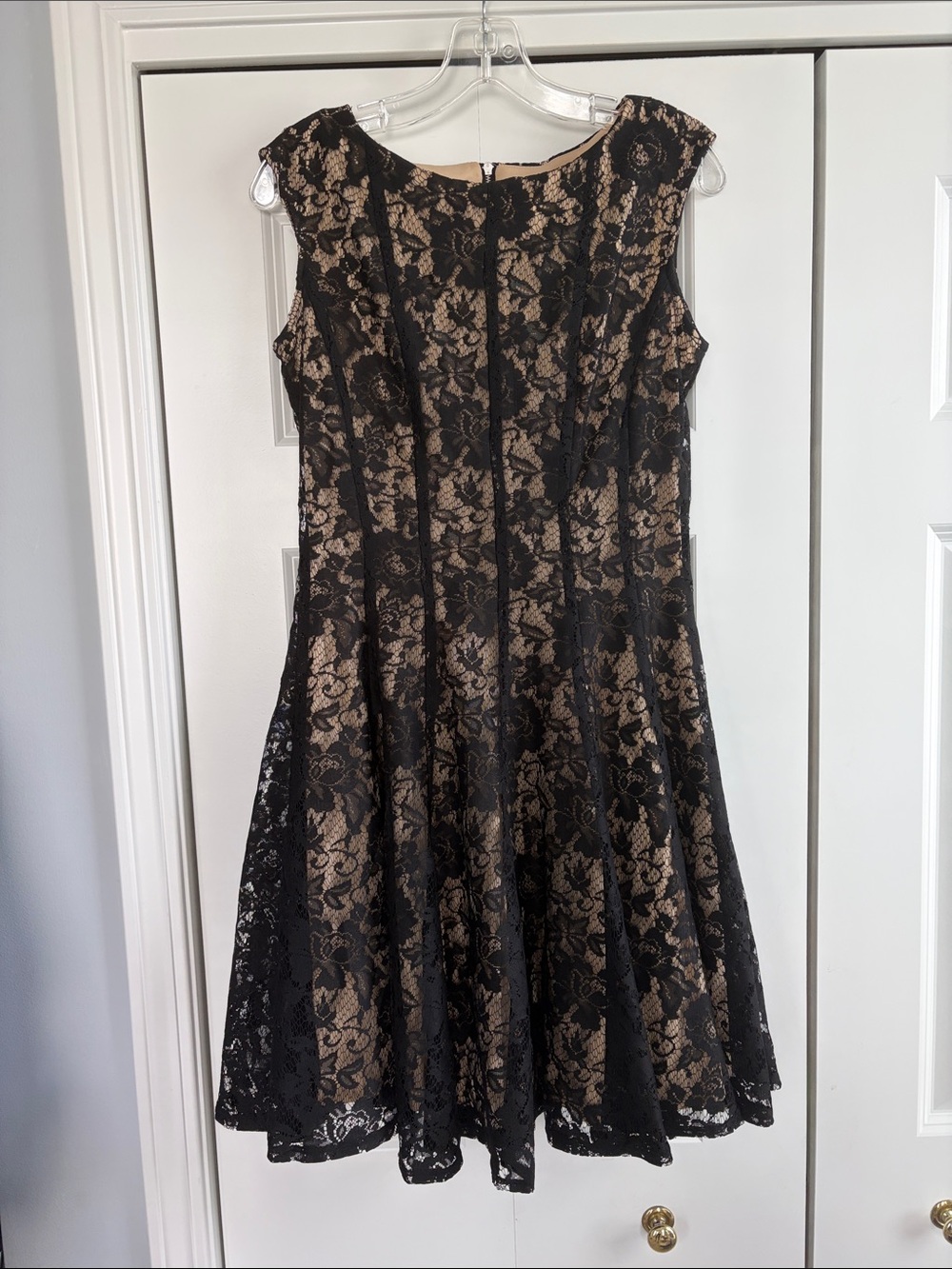 Danny and Nicole Sleeveless Black Lace Overlay Dress with Nude Lining. 10